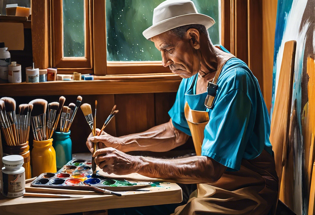 An artist painting and preparing a storm door with vibrant colors and brushes.