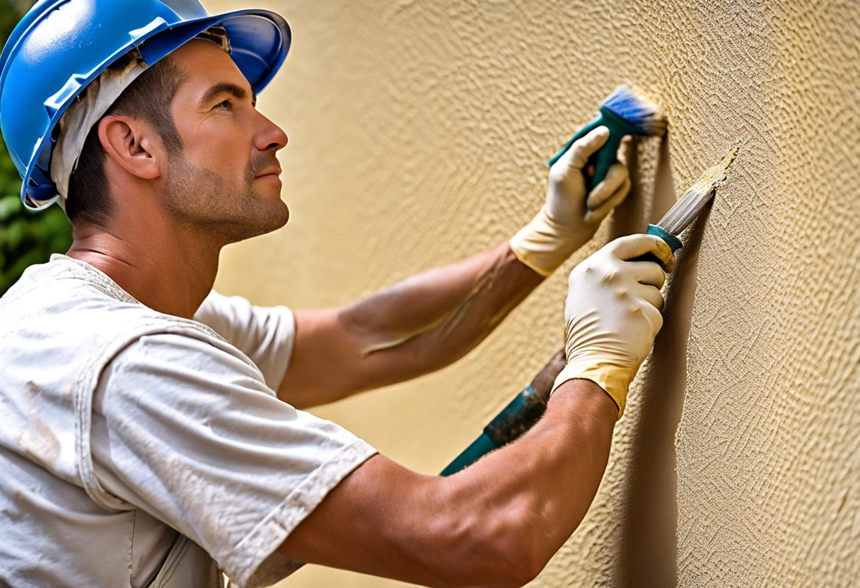 A man expertly painting a textured stucco exterior with a brush, showcasing techniques for painting stucco.