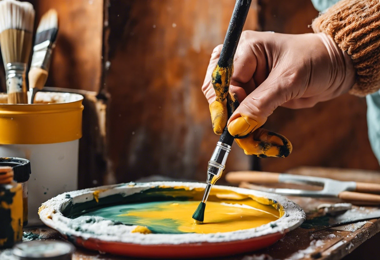 A hand holding a paintbrush, dipping it into a palette with green and yellow paint, illustrating the painting process and temperature considerations.