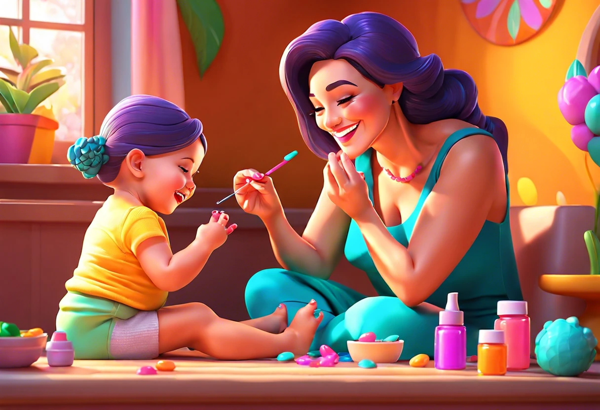 A mother painting her 2-year-old daughter's nails in a colorful room, emphasizing safe and fun nail care for toddlers.