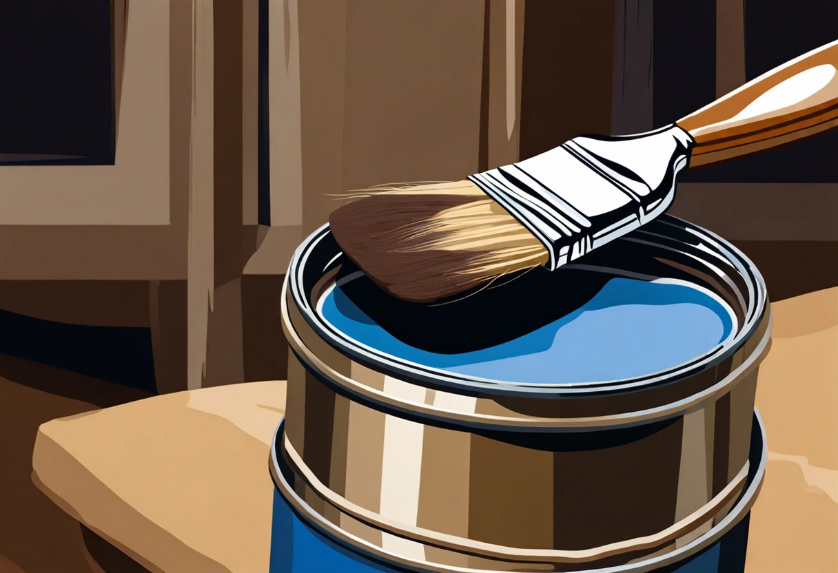 A paintbrush resting on a can of blue paint, illustrating the concept of painting without primer, relevant for DIY enthusiasts.