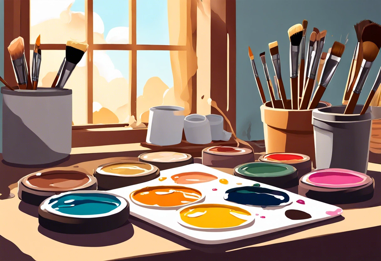 Colorful paint palettes and brushes used for painting, illustrating the variety of paint prices.