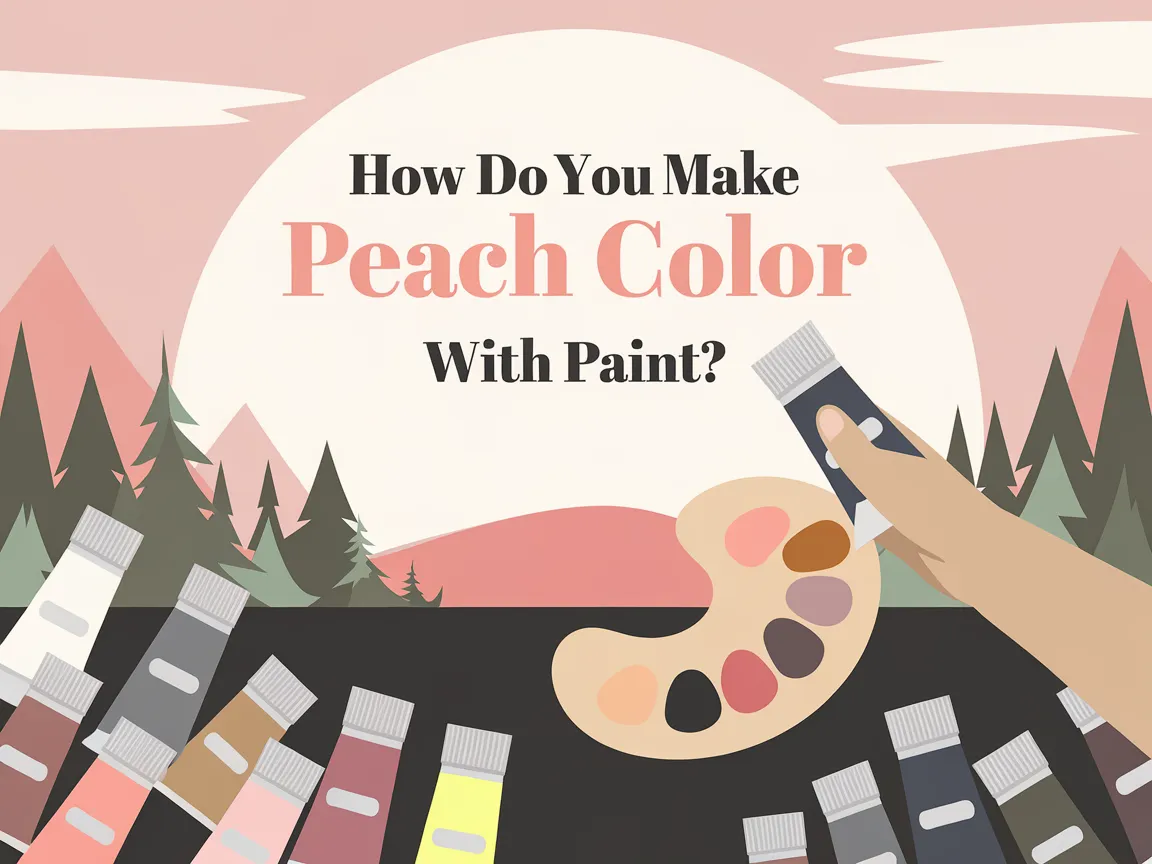 Illustration showing how to make peach color with paint, featuring paint tubes and a color palette.