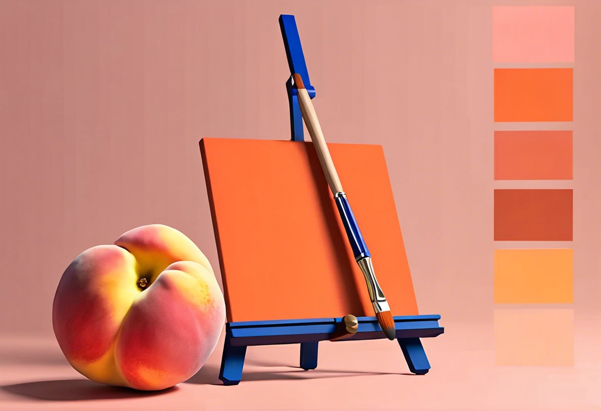 A visual guide showing how to create peach color paint, featuring a peach, an easel, and color swatches.