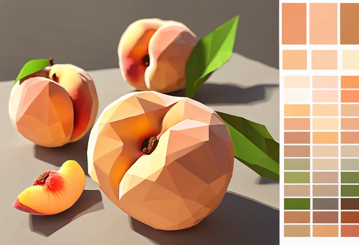 Three stylized peach fruits with a color palette showing various shades of peach for painting.