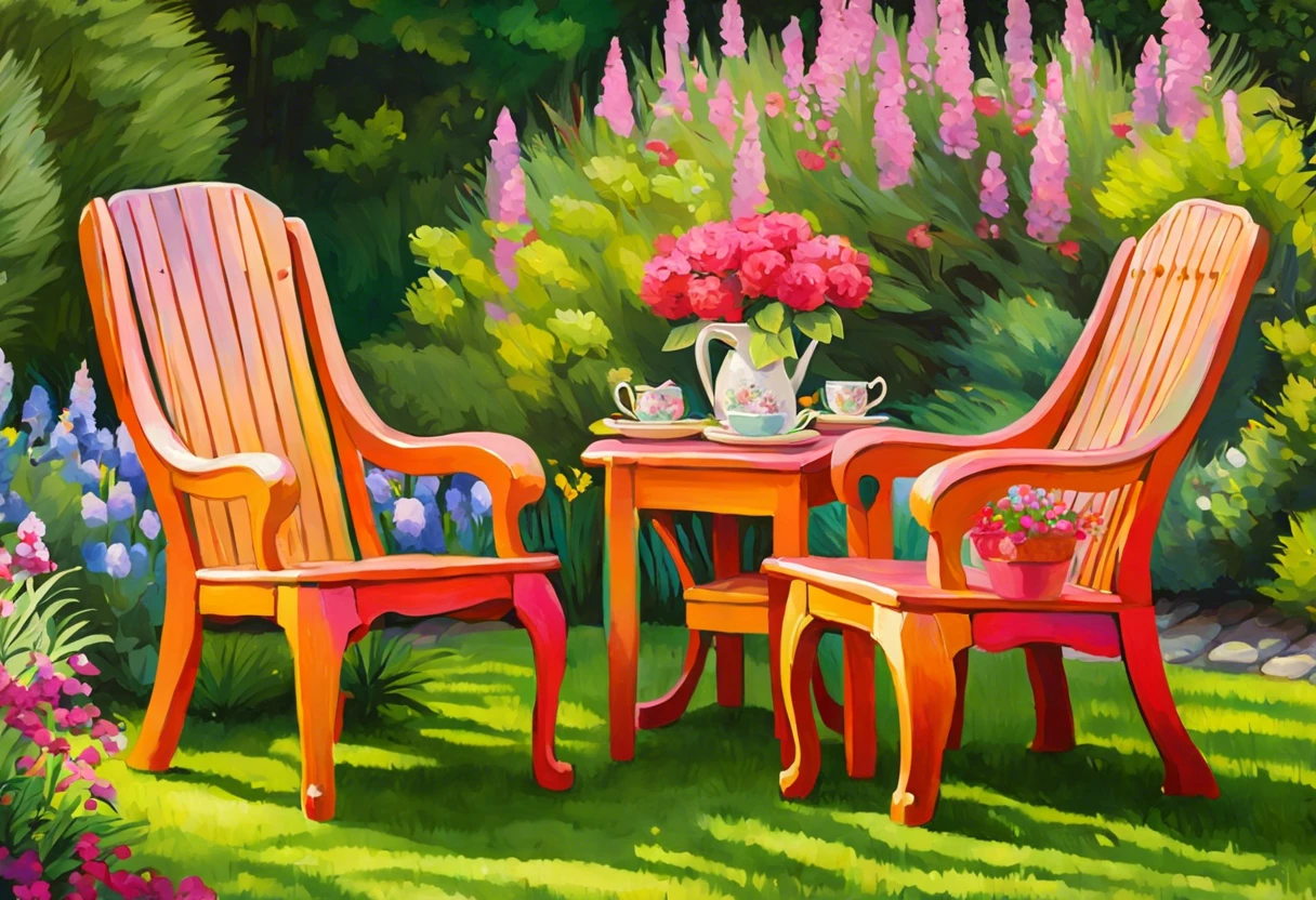 Vibrant painted pine outdoor furniture set in a garden, suitable for outdoor use.