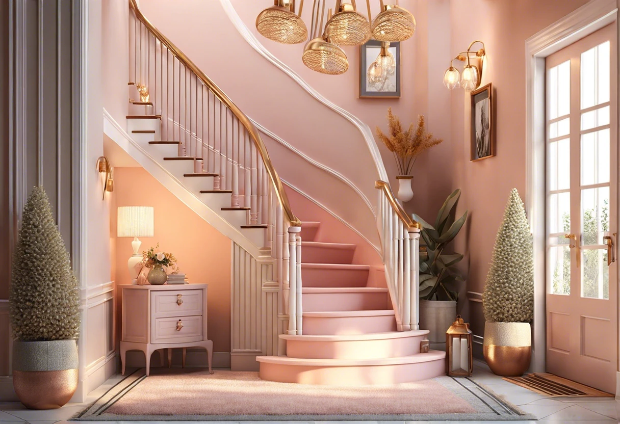 Stylish pink stairs in a beautifully designed entryway showcasing ideas for what color to paint stairs.