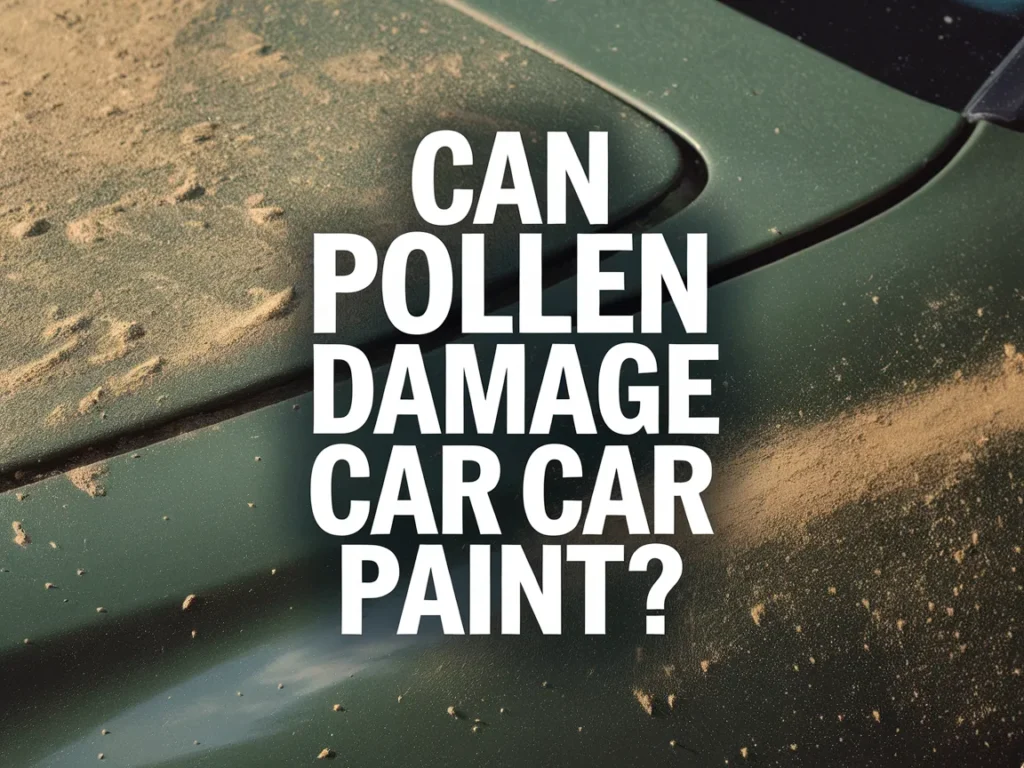 Close-up of a car surface covered in pollen, highlighting the potential damage to car paint.