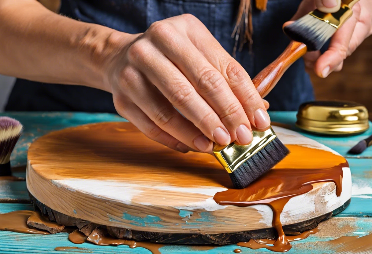 A person applying polyurethane over painted wood surface with a brush, demonstrating the process of finishing and sealing.