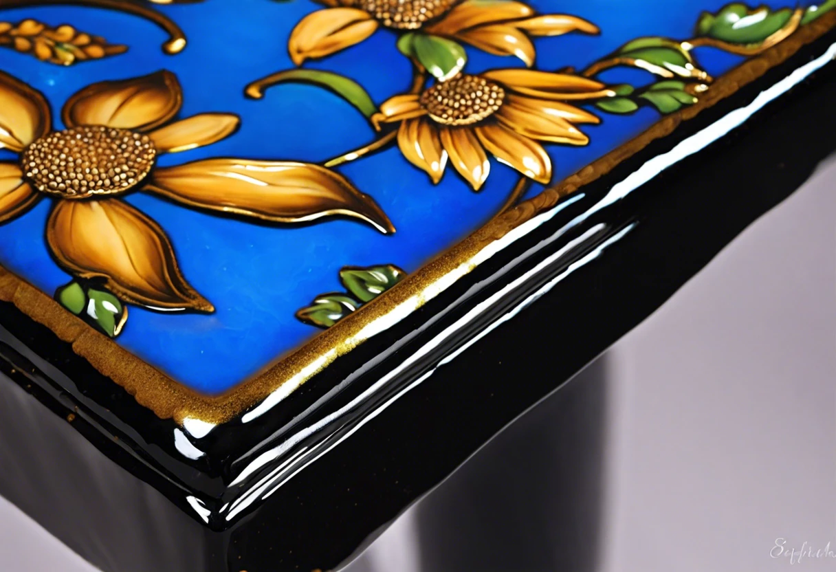 Close-up view of a painted surface with flowers and bright colors, showcasing polyurethane application.