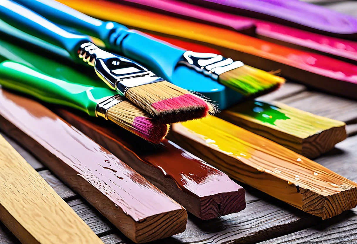 Colorful paintbrushes with paint on pressure treated lumber for painting guide