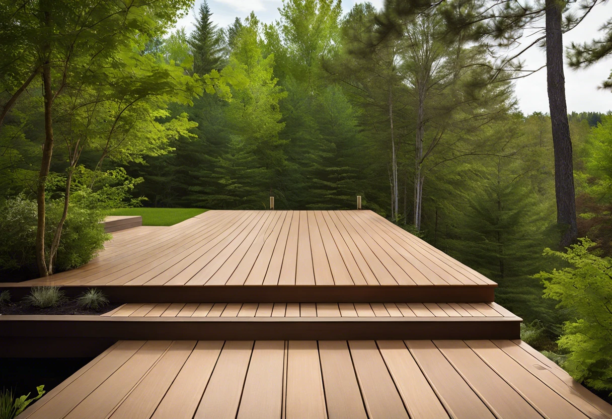 A beautifully constructed deck made of pressure treated wood surrounded by lush greenery, illustrating the suitability for painting.