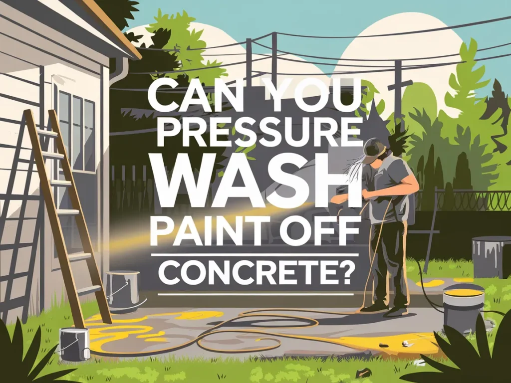 A person using a pressure washer to remove paint from concrete surfaces.