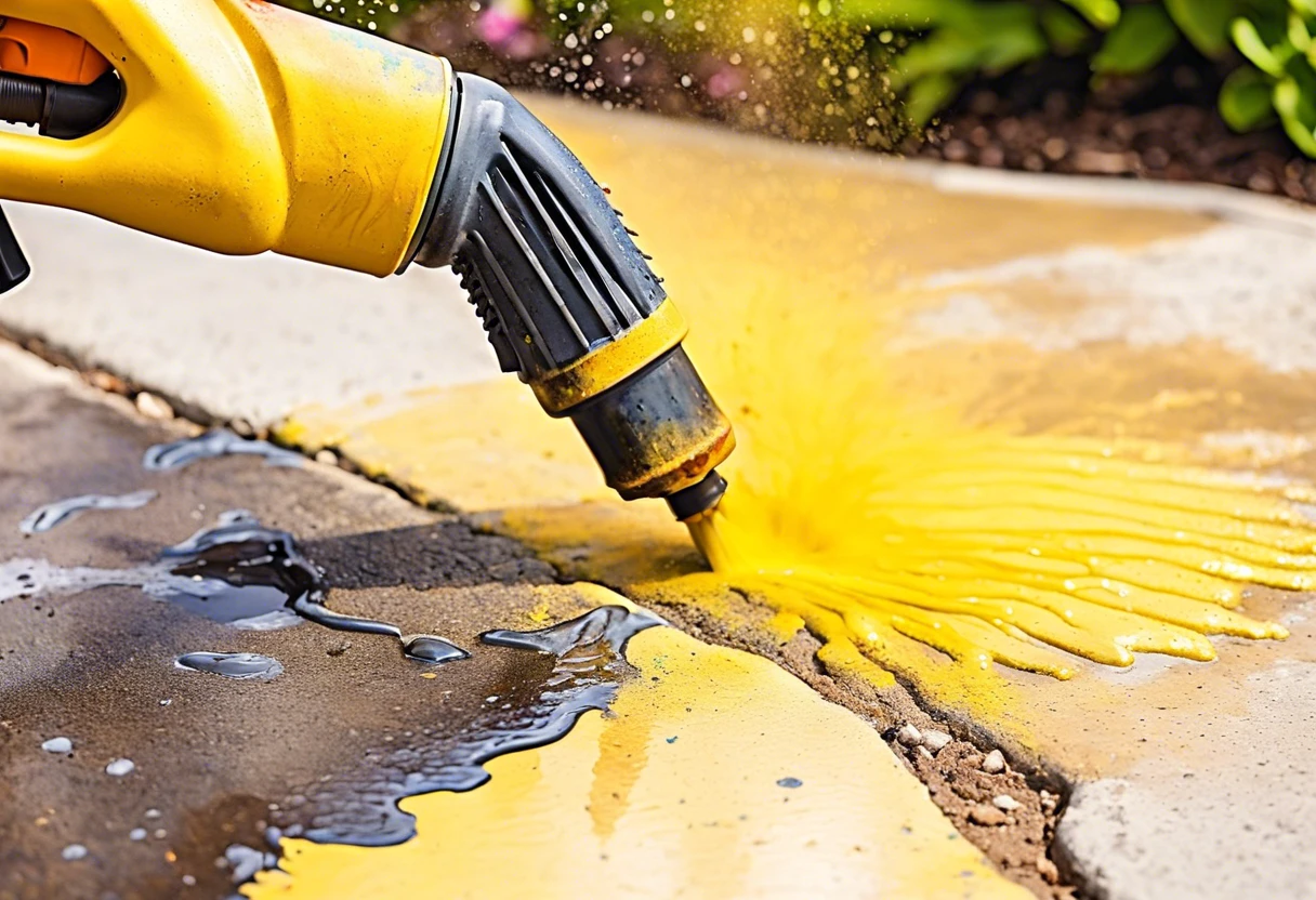Pressure washer removing paint from concrete surface, demonstrating the effectiveness of pressure washing paint off concrete.
