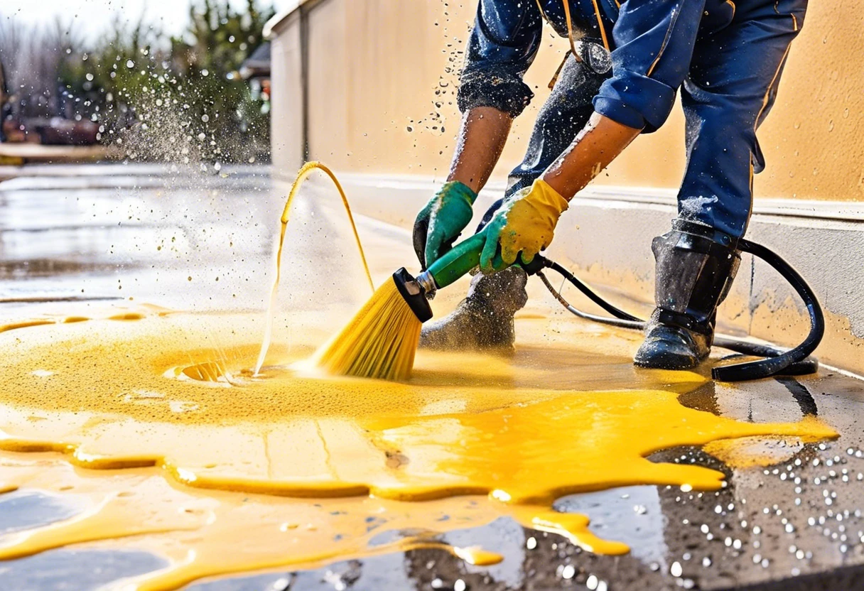 A person using a pressure washer to remove yellow paint from concrete surface.