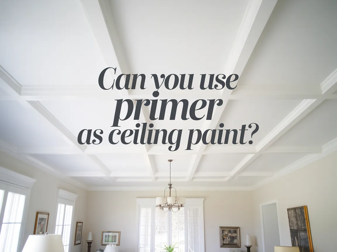 Interior ceiling with primer question overlay discussing if primer can be used as ceiling paint.