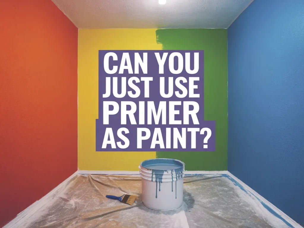 Image showing a colorful room with a bucket of primer paint, questioning if primer can be used as paint.