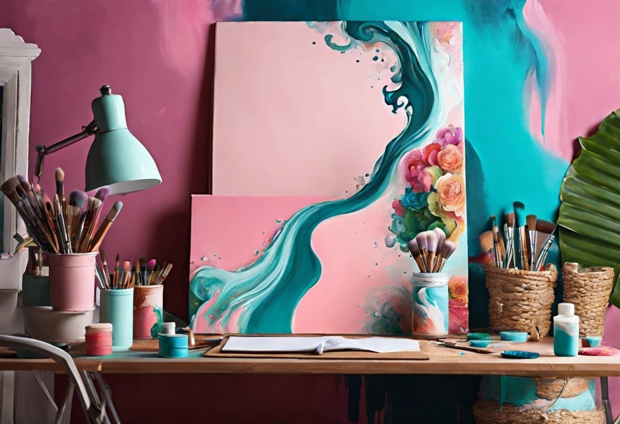 Artistic workspace showing paint supplies and artwork demonstrating the use of primer as paint.