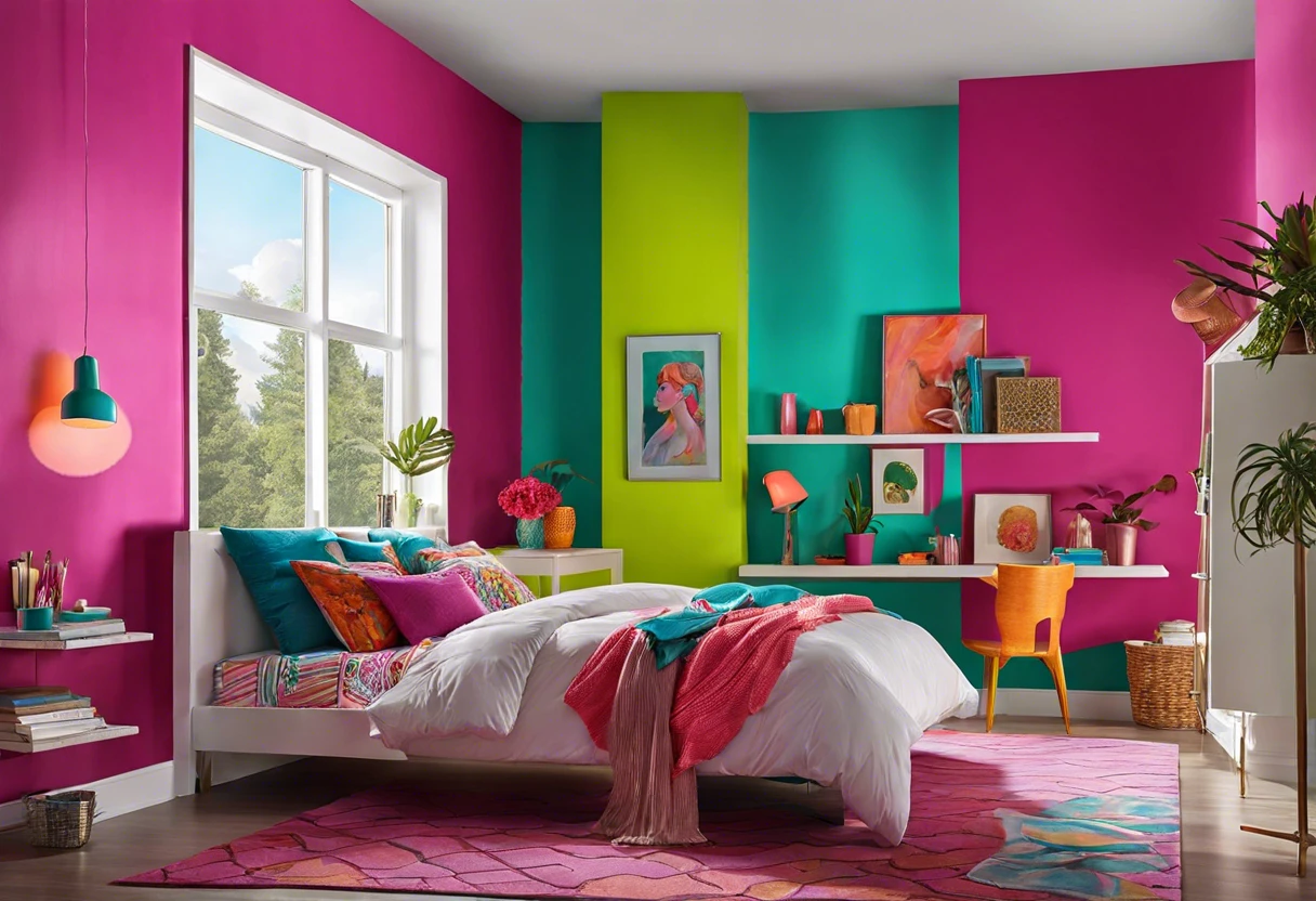 Colorful bedroom with primer used as paint on walls in vibrant shades