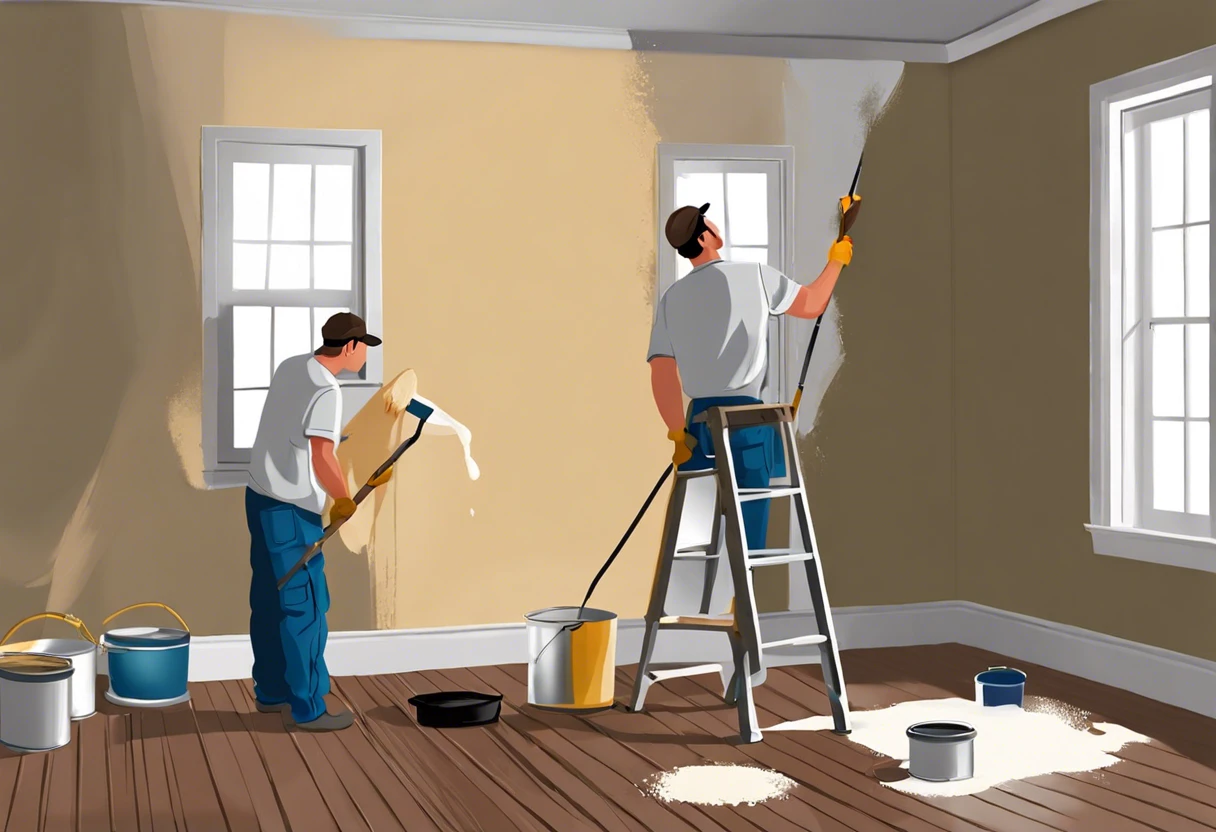 Two men applying primer over previously painted walls in a room, depicting the process of painting.