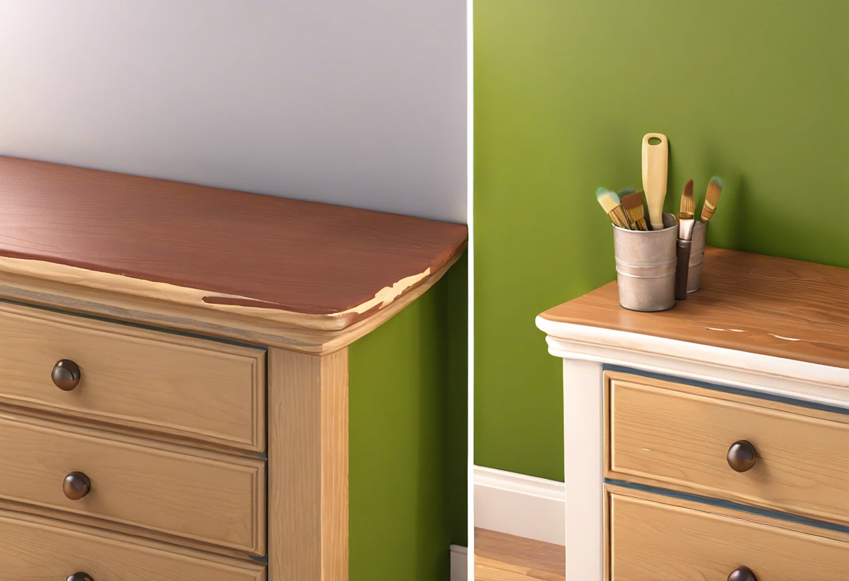 A side-by-side comparison of furniture showing primer over paint application.