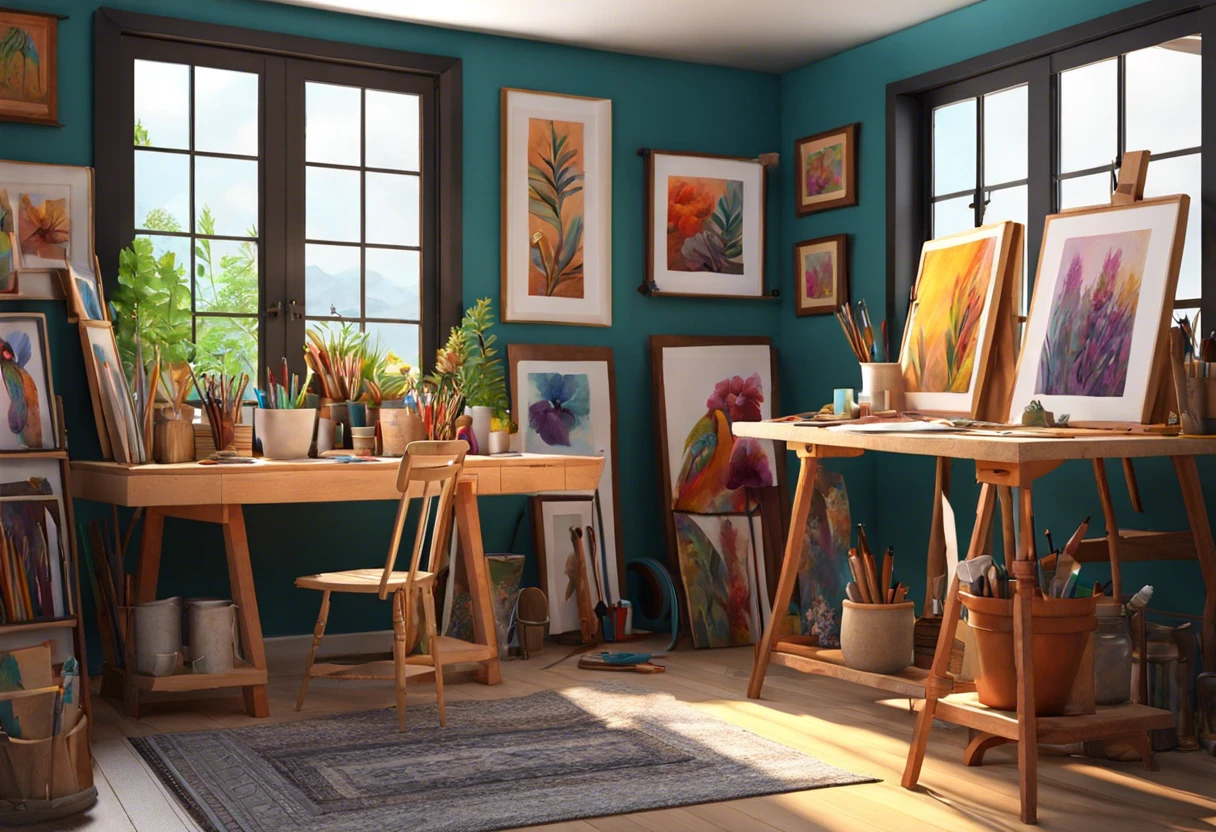 A vibrant art studio with paintings displayed, showcasing options for making prints of your artwork