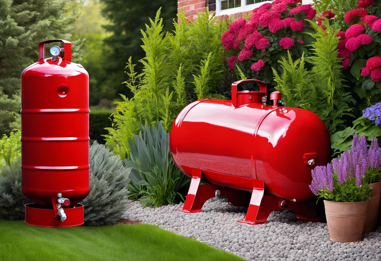 Red painted propane tanks in a garden setting, illustrating color options for propane tank painting.