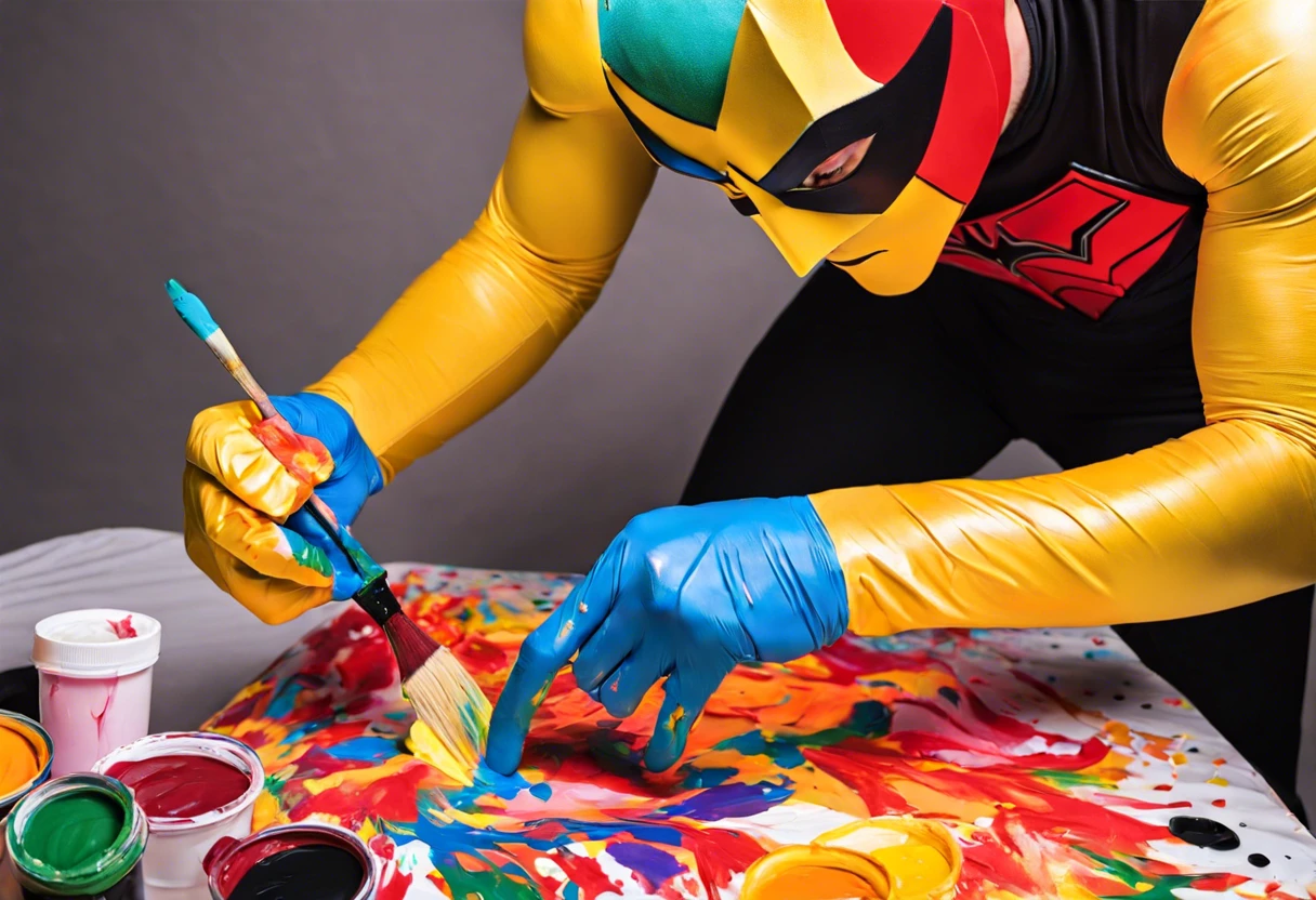 Artist applying puff paint to a TASM 2 suit logo using a brush and colorful paints.