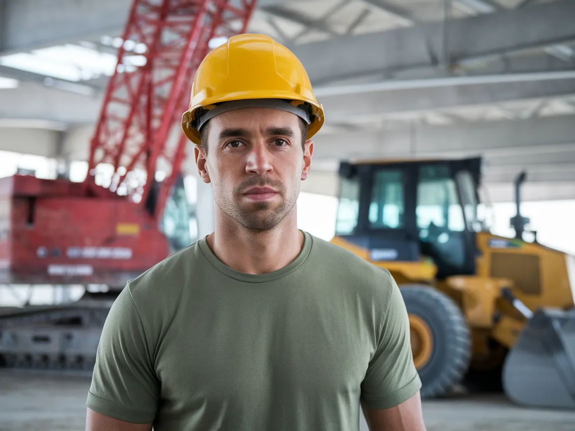 Worker wearing hard hat and shirt in a construction environment, showcasing puff painted logos on Tasm 2 suit.