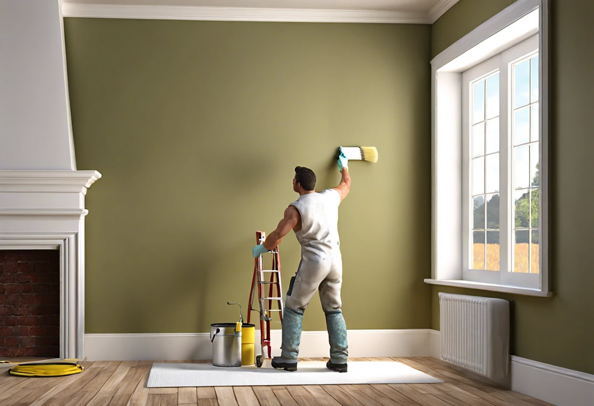 A person using PVA primer on previously painted walls in a home interior.