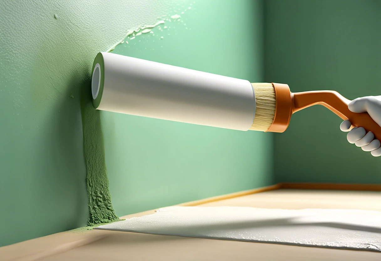 Person applying PVA primer to a painted wall with a paint roller, demonstrating preparation for repainting.