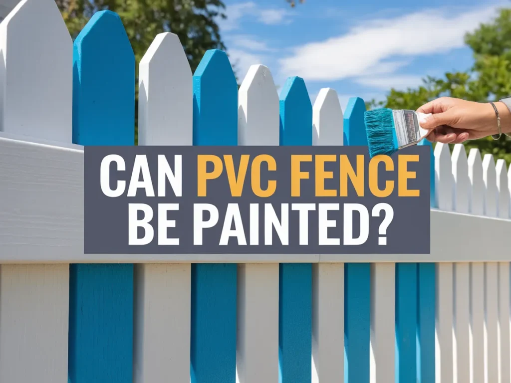 A hand painting a PVC fence with blue and white colors to illustrate the question of whether PVC fences can be painted.