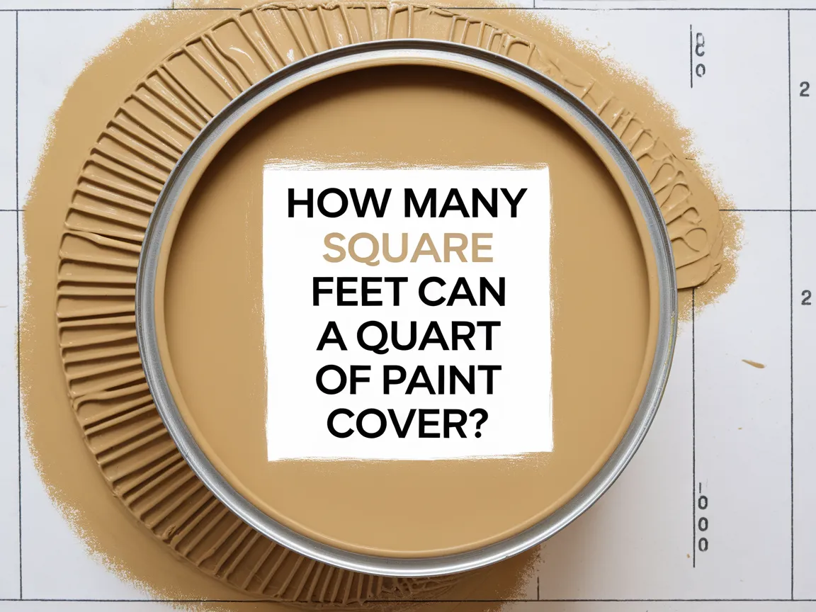 A quart of paint inside a can with a paint swatch showing how many square feet it can cover.