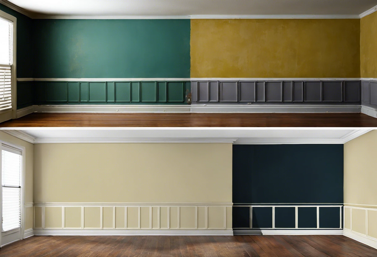 A room showing different painted walls to represent how many square feet a quart of paint can cover.