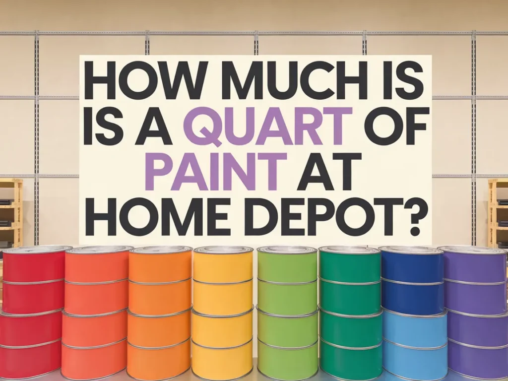Colorful paint cans with a prominent question about the cost of a quart of paint at Home Depot.