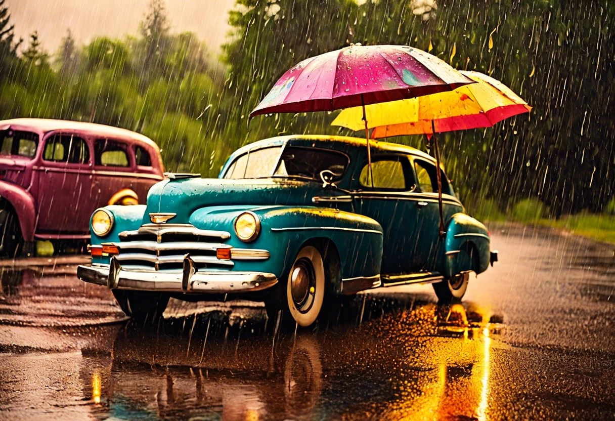 Classic car under umbrella in rain highlighting effects of rain on fresh paint