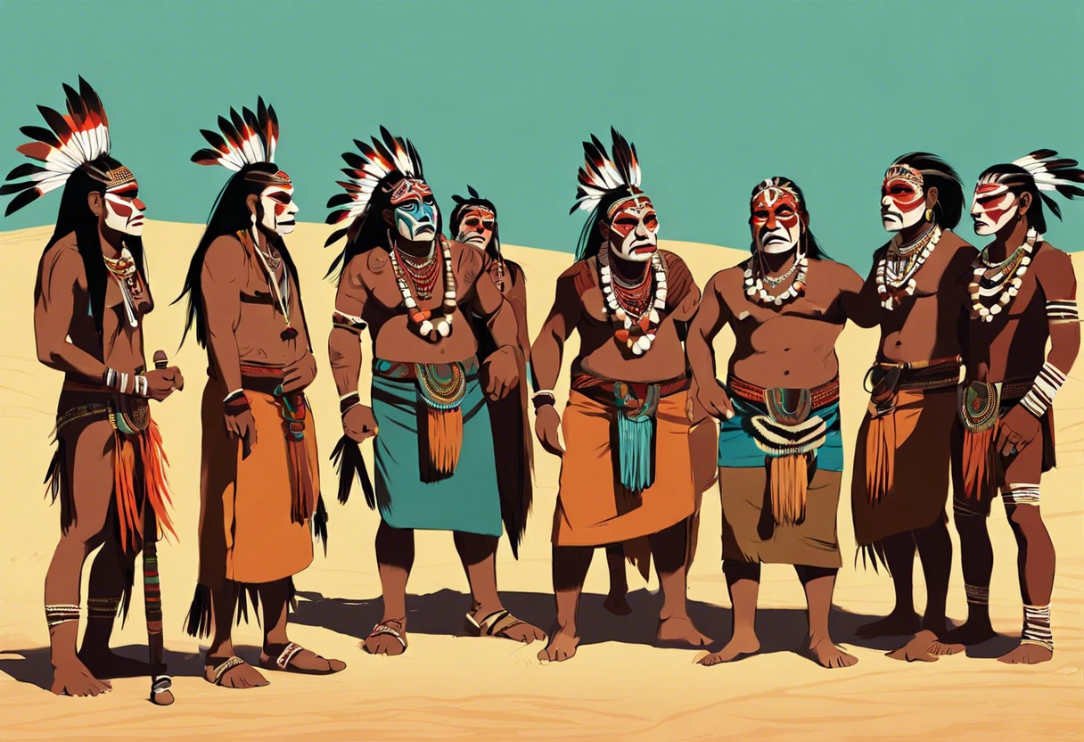 Members of Ralph's group discussing their decision on wearing face paint, incorporating tribal traditions.
