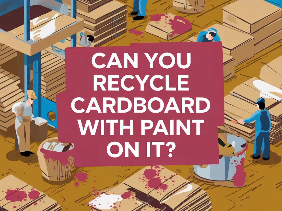 Illustration of workers handling cardboard boxes with paint stains, discussing whether they are recyclable.