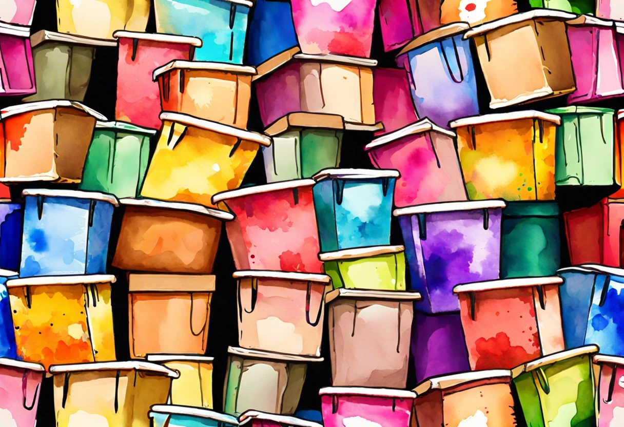 Colorful paint buckets stacked together, illustrating the concern over recycling cardboard with paint.