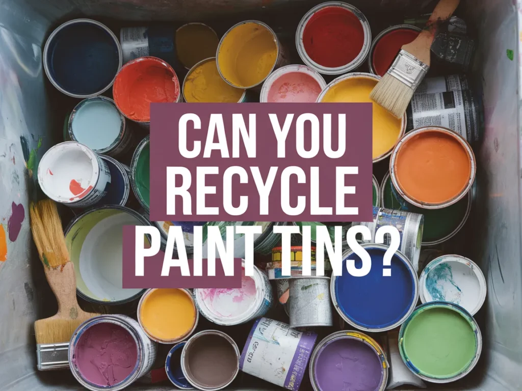 Colorful paint tins with a question about recycling paint tins.