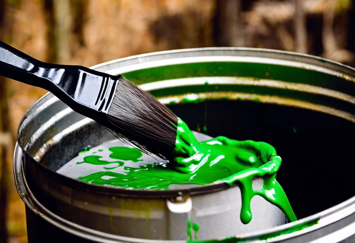 A paintbrush dipping into a can of green paint, highlighting the topic of recycling empty paint cans