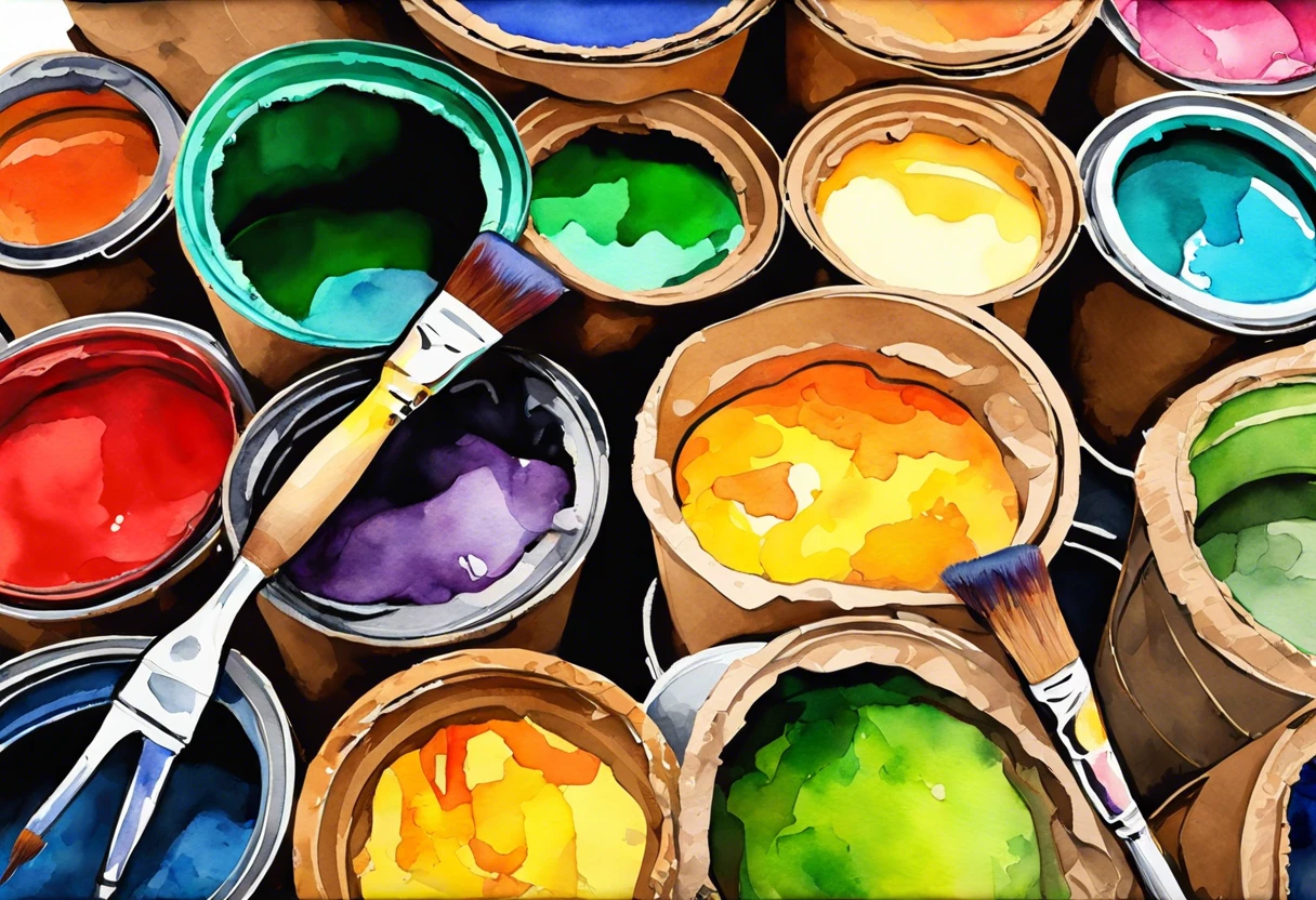 Colorful paint buckets indicating challenges in recycling cardboard with paint.