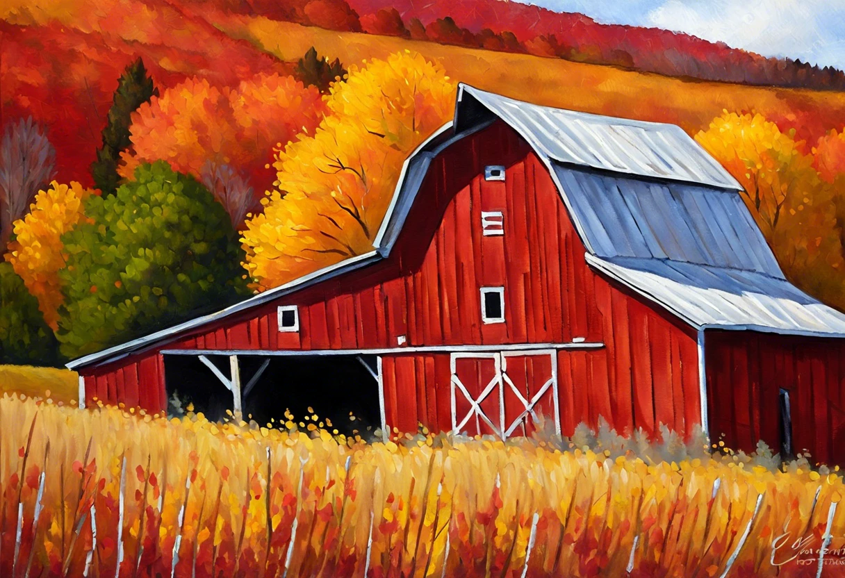 A vibrant red barn surrounded by colorful autumn trees, illustrating the tradition of painting barns red.