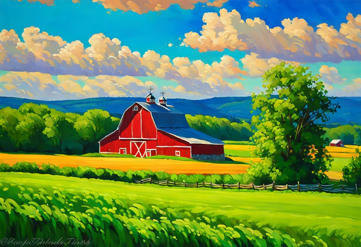 A picturesque red barn in a green field representing the tradition of painting barns red.