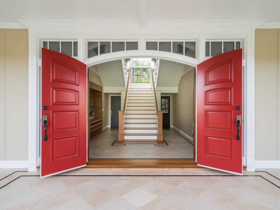 Interior view of a home with a red front door, showcasing color choices for door painting.