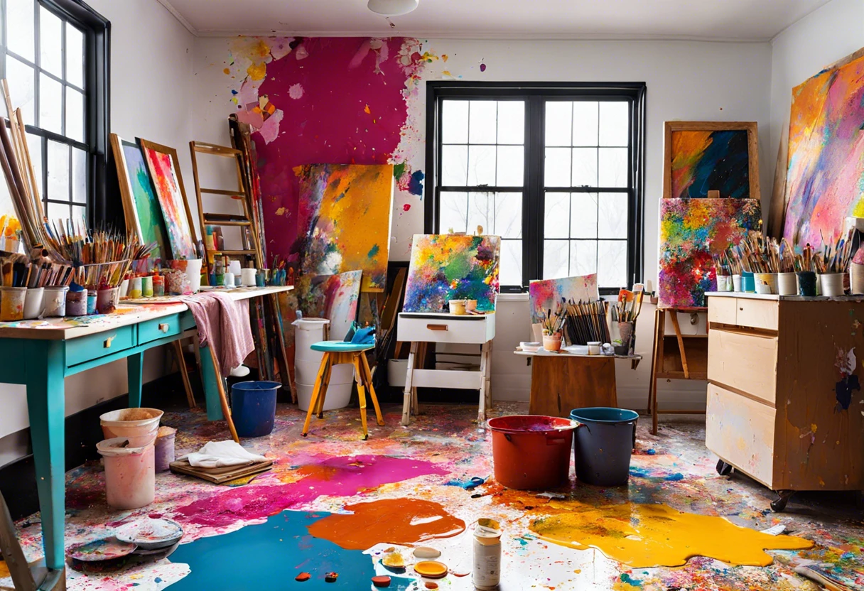 A vibrant artist studio with paint splatters on the floor, ideal for discussing how to redact with paint.