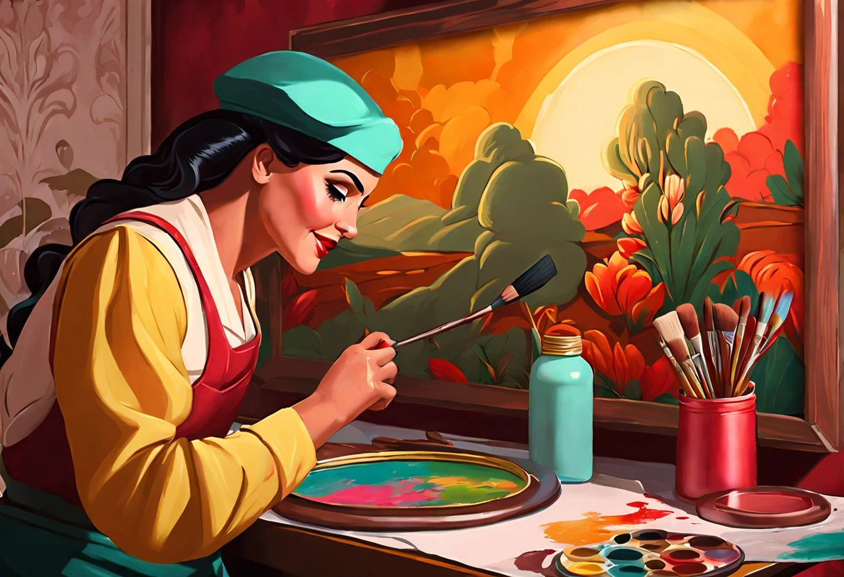 A woman painting a colorful landscape on a canvas, symbolizing the painting process over Redgard.