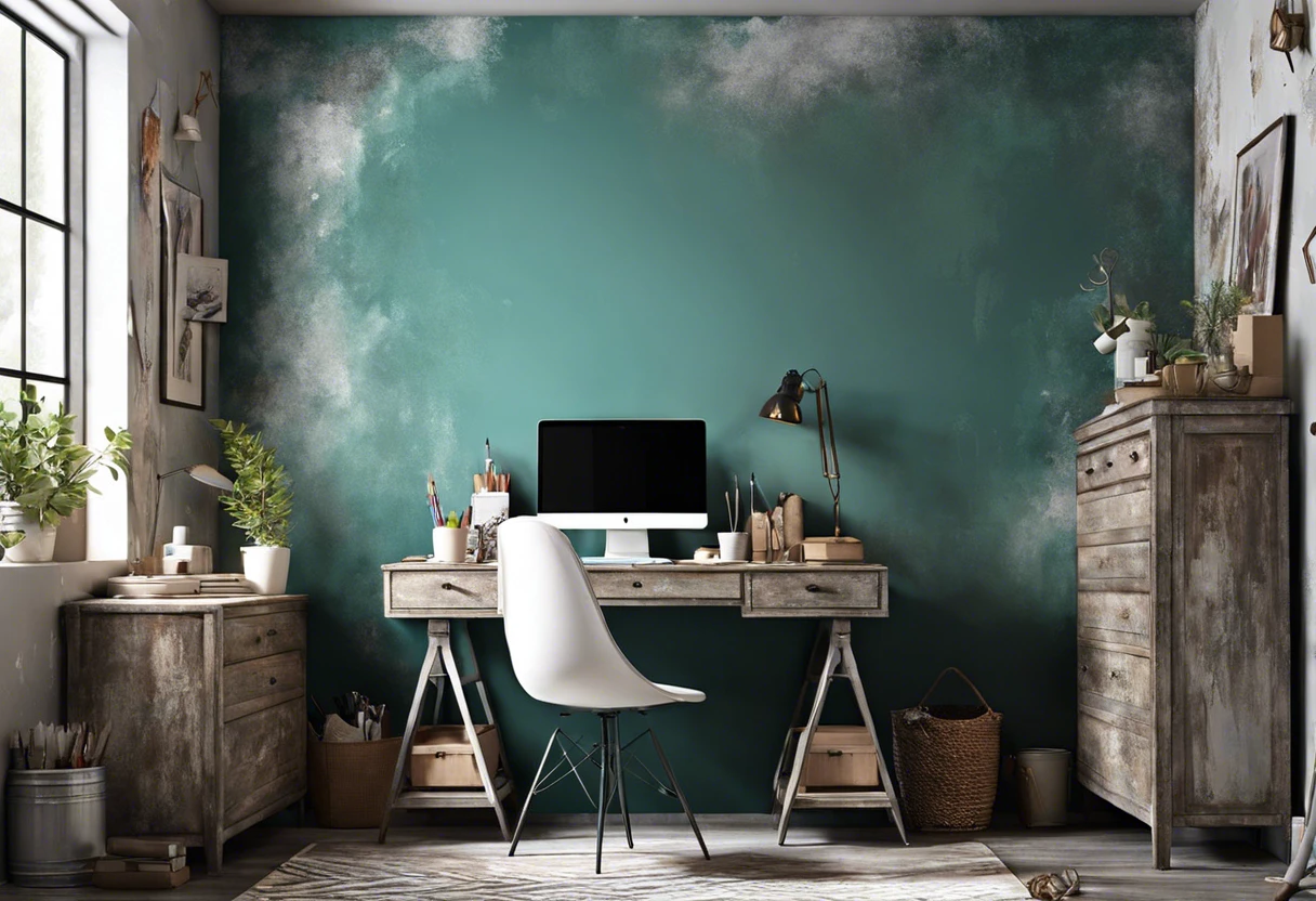 Home office with a teal wall, showcasing regular paint beneath chalk paint.