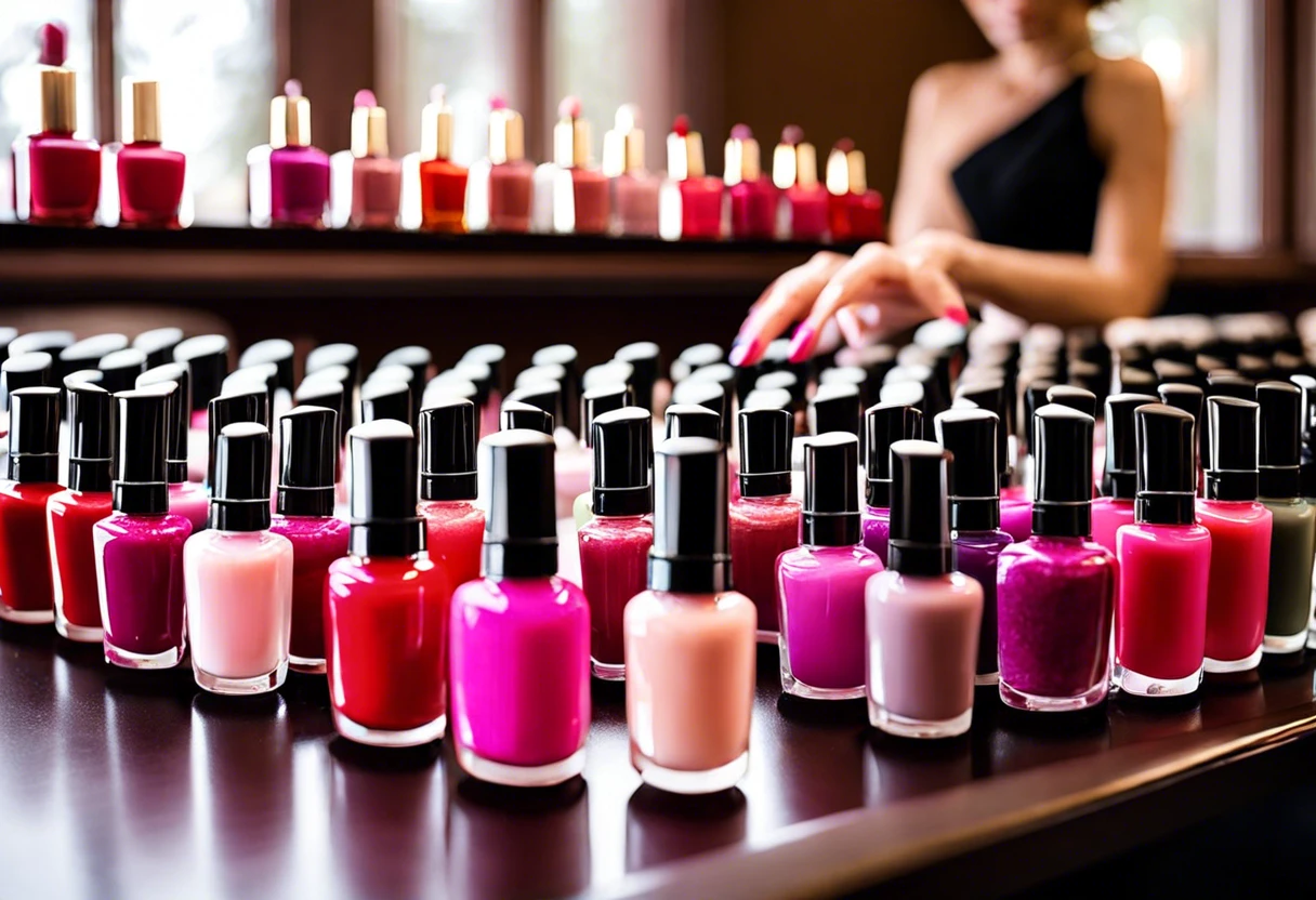 Variety of nail polish bottles including regular polish and gel polish, showcasing options for nail care.