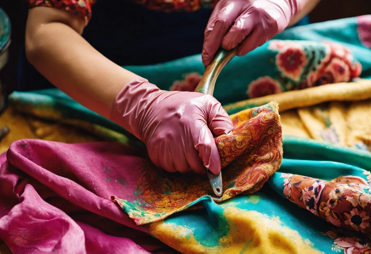 Person wearing gloves removing acrylic paint from bright fabric